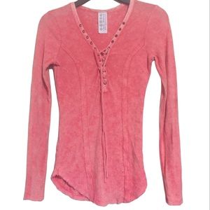 Free People Coral Lace Up Henley Thermal Top Shirt